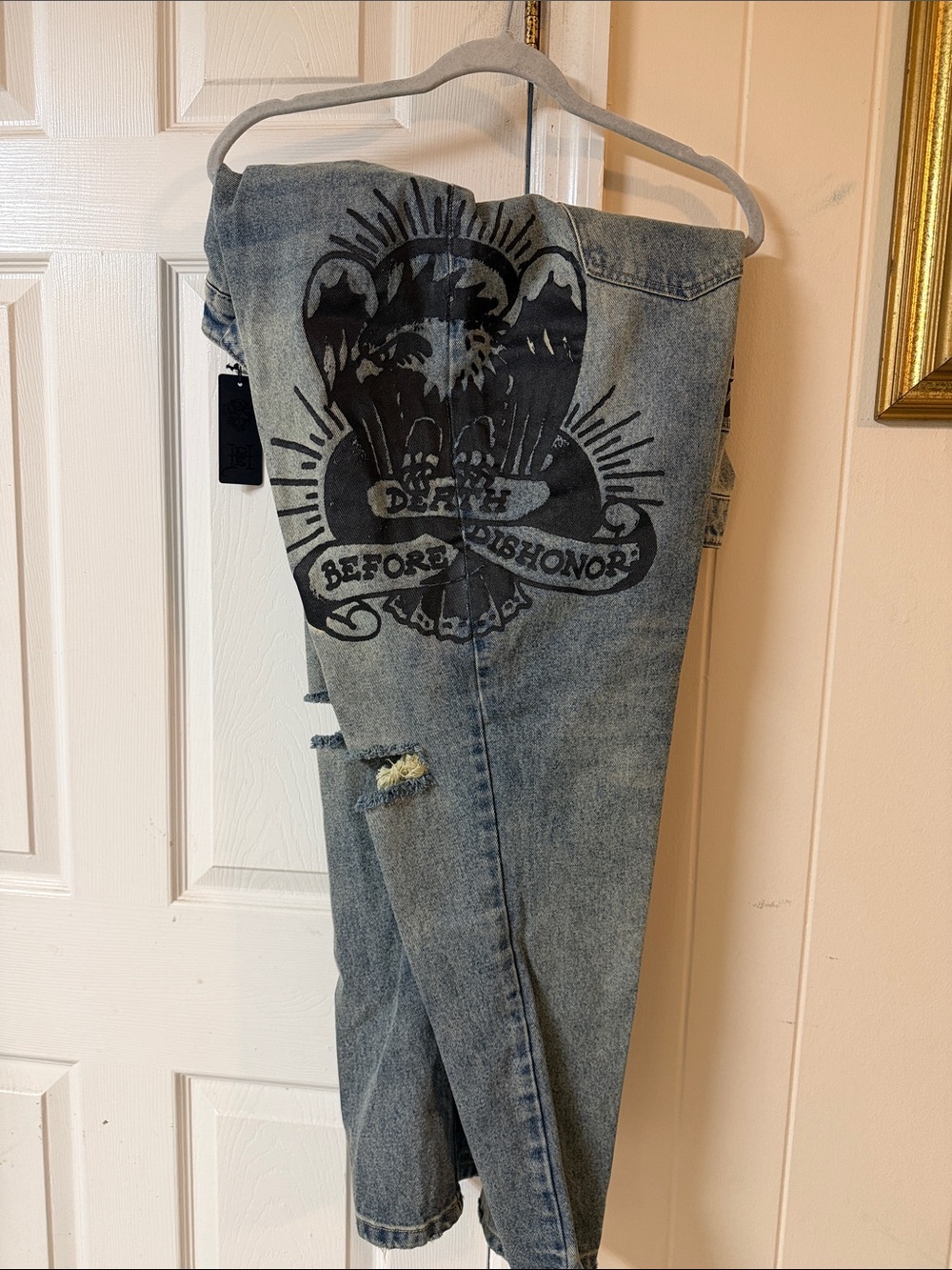 Ed Hardy Light Blue Denim Slim Straight Jeans with Black Graphic